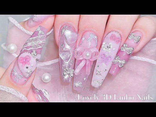 sub) Lovely Ribbon 3D Nails/Korean Nails / Extension nails / Nail art / Self-nails / ASMR