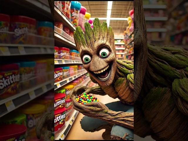 Groot steals skittles at the market! The raccoon is really pissed off.#Groot #marvel #ai #art #memes