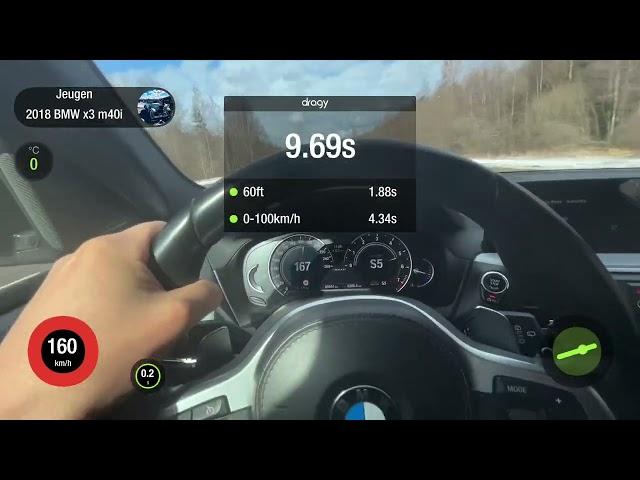BMW 2018 X3 M40i PRE OPF MHD Stage 1  98RON 0-200 kmh acceleration with dragy