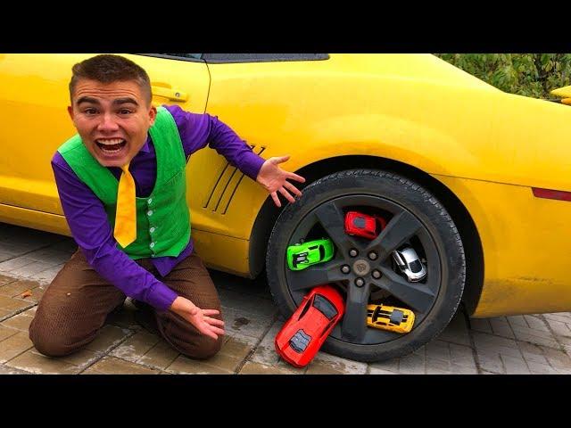 Toy Cars in Wheels Car VS Mr. Joe on Chevrolet Camaro VS Red Man found Toy Cars BMW & Mercedes