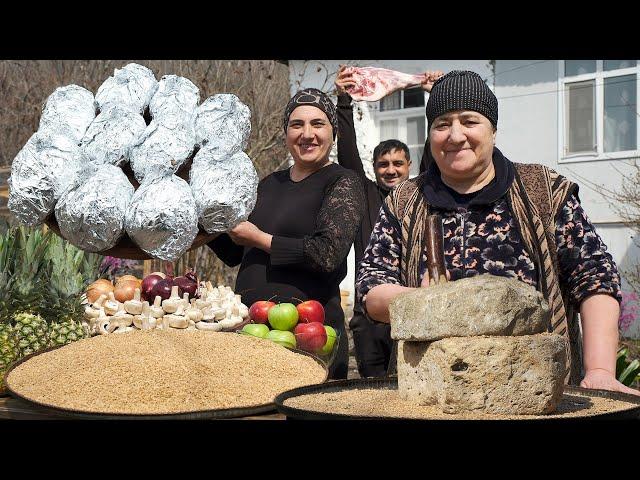 STUFFED PINEAPPLE | Lamb with Mushroom Recipe in Village | Roasted Ground Wheat