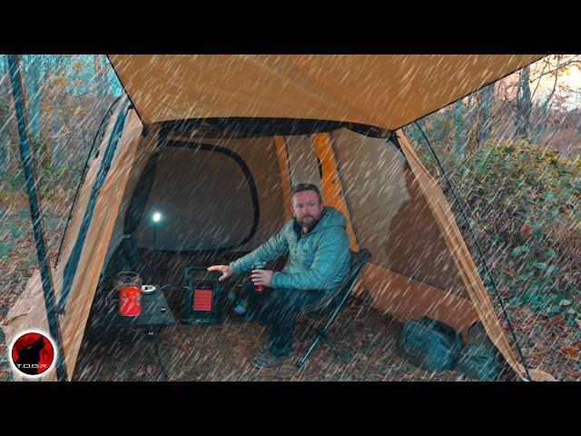 Hunkering Down in the First Snow - Hot Tent Heavy Rain & Snow Camp