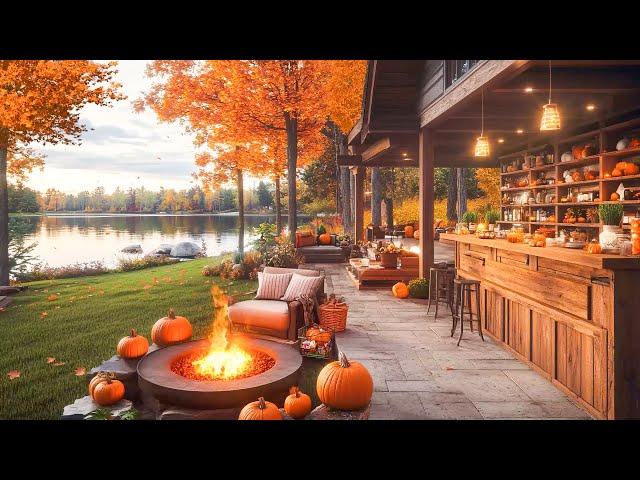 Autumn Afternoon Jazz by the Lakeside Café  Cozy Piano and Fireplace for Relax, Work, and Study