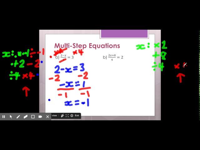 Solving multi step equations e) and f)