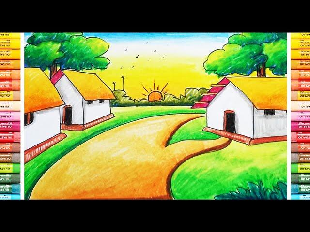 How to Draw a Village Sunrise Scenery || Beautiful Nature Drawing Painting ||  Step by Step