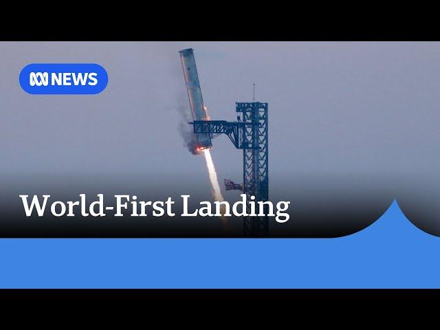 SpaceX performs world’s first catch-landing of rocket booster with ’chopsticks’ | ABC News