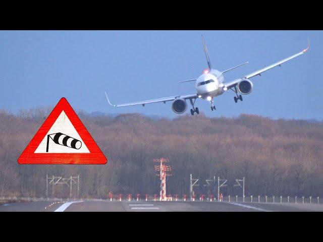 Storm/Hurricane Burglind at DUS Airport with Crosswind, Rain Showers and one go around