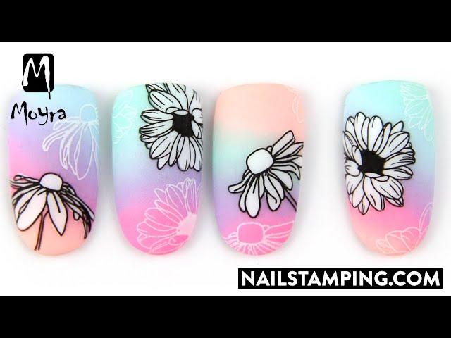 Floral stamping nail art on a colourful ombre base (nailstamping.com)