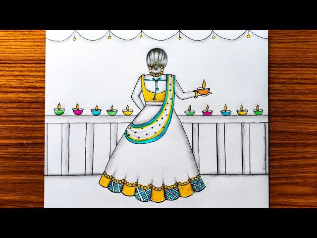 How to draw A traditional girl with diya | Diwali drawing easy | Lehenga drawing | Pencil sketch