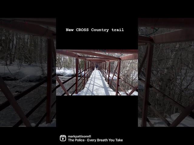 Daring Cross Country ski across a bridge over raging river..
