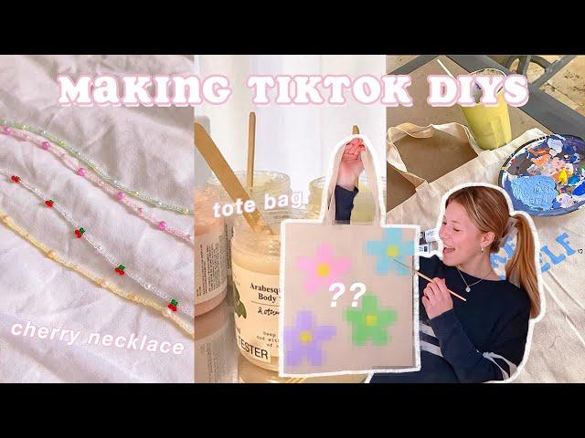 making popular tiktok DIYs *cherry necklace, tote bag & more*