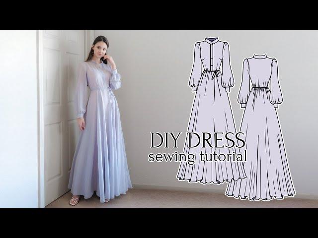 DIY Dior-Inspired Maxi Dress with Mandarin Collar & Bishop Sleeves + Sewing Pattern