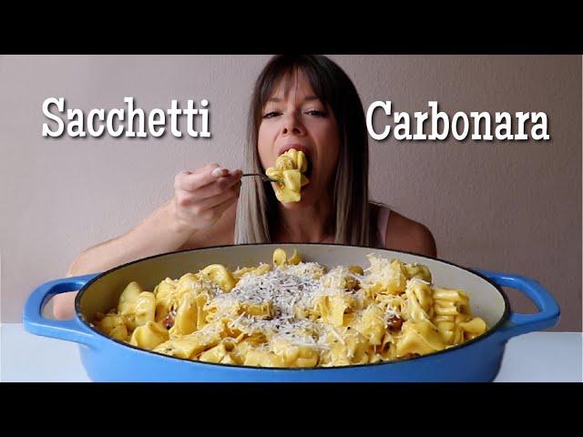 Four Cheese Sacchetti Carbonara MUKBANG + Recipe!