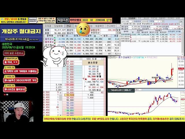 카카오 hd한국조선해양 와이지엔터테인먼트 제룡전기 루닛 클로봇/ 주식고수 주식방송, 실전매매, 단타, 실시간방송,스켈핑, 급등주, 손절매 ( 주포, 돈크, 나주