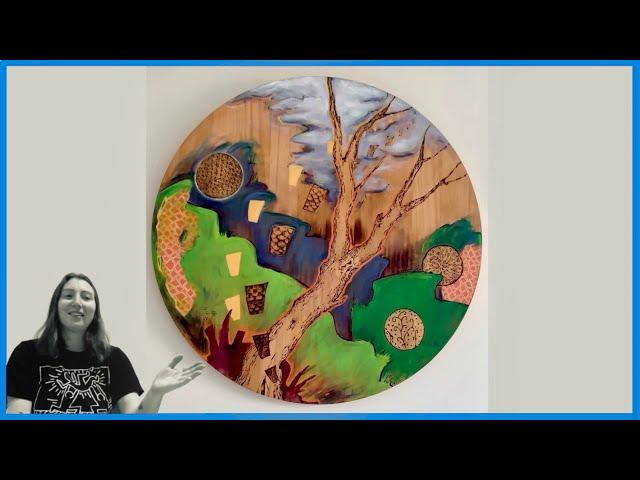 Contemporary Landscape Painting with Pyrography, Paint Pens and Collage on Wood Panel | Reaction