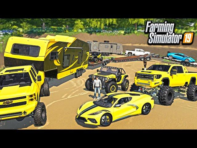 MILLIONAIRE'S GO CAMPING & MUDDING! (LAMBORGHINI & CORVETTE) | FARMING SIMULATOR 2019