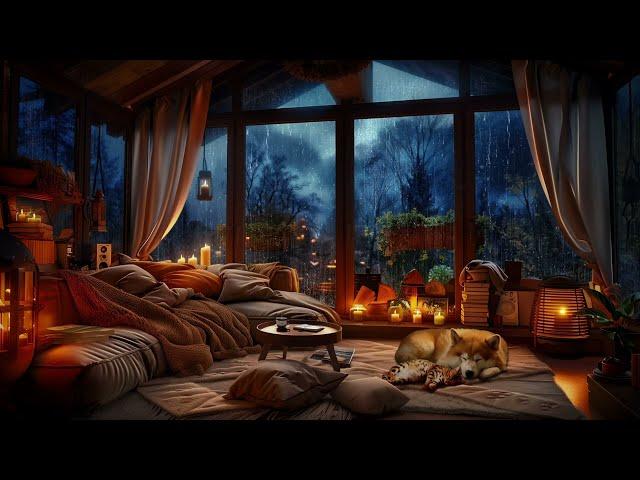 Enjoy a Heavy Thunderstorm in a Cozy Corner with Rain and Crackling Fireplace