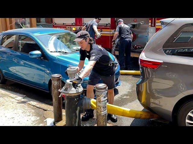 **2 CARS PARK on HYDRANT at FIRE!** Firefighters Work to Extinguish Fire in the Rear of Brownstone