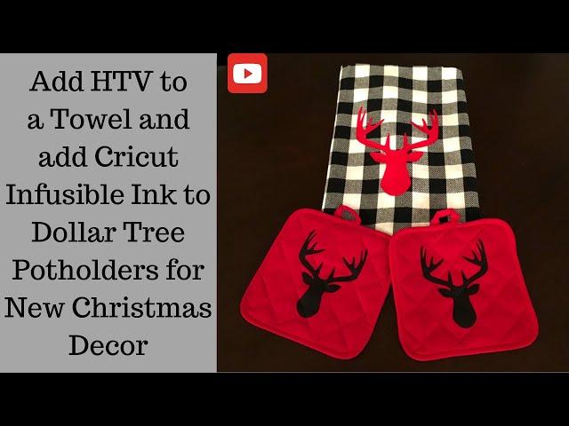 Use Heat Transfer Vinyl and Cricut Infusible Ink to make a Christmas Towel and Potholders.