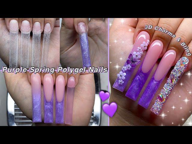 GLITTER PURPLE SPRING POLYGEL NAILS HOW TO FRNECH TIP & 3D CHARMS DESIGN! | Nail Tutorial