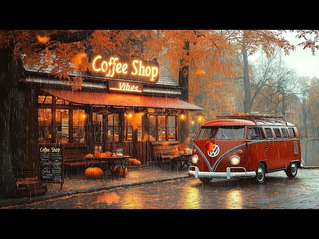 Rainy Fall Day at Outdoor Coffee Shop  Relaxing Jazz for a Warm and Positive Mood