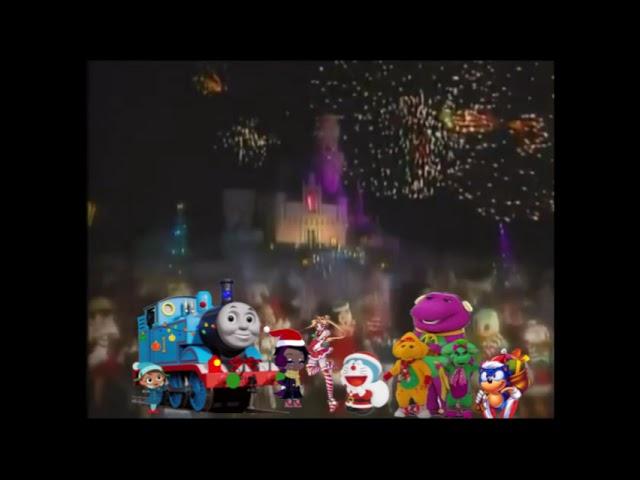 Me mickey and all of my friends sing o Christmas tree/we wish you A merry Christmas