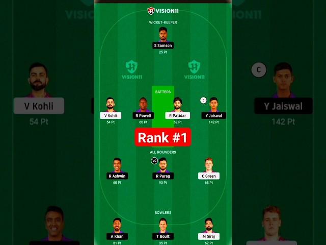 RCB vs RR Match Rank #1 dream11 team of today matchrr vs rcb ipl #shorts #viral #dream11 #1rank