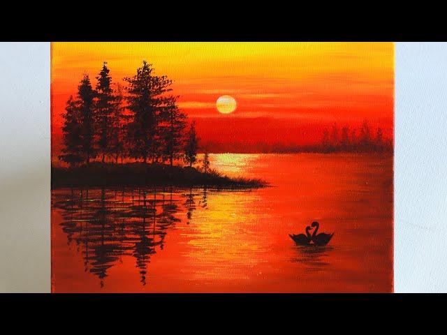 Sunset Painting | Sunset Painting for Beginners | Sunset on the Lake Acrylic Painting