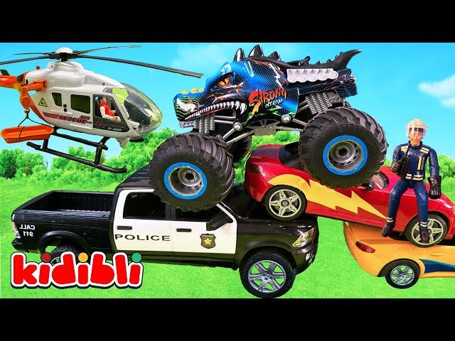 Toy Monster Truck  Firetruck, Police, Ambulance & Helicopter in Rescue Mission for Kids | Kidibli