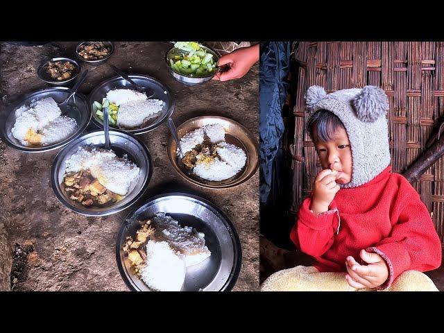 Jonson enjoying Pork meal in Shelter II Jina Cooks Pork Curry & rice for family@pastorallifeofnepal