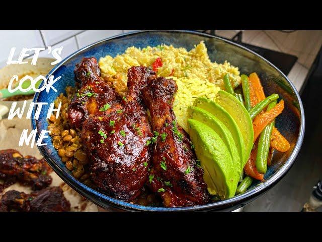 Let’s Cook with Me | Honey Barbecue Chicken, green banana salad, stewed lentils, yellow rice & veg