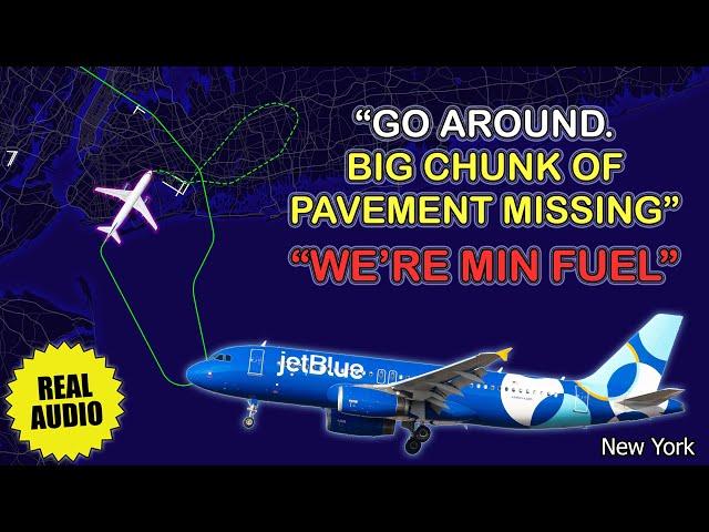 “We’re MIN FUEL” after go around. JetBlue A320 goes around due to pavement failure at JFK. Real ATC