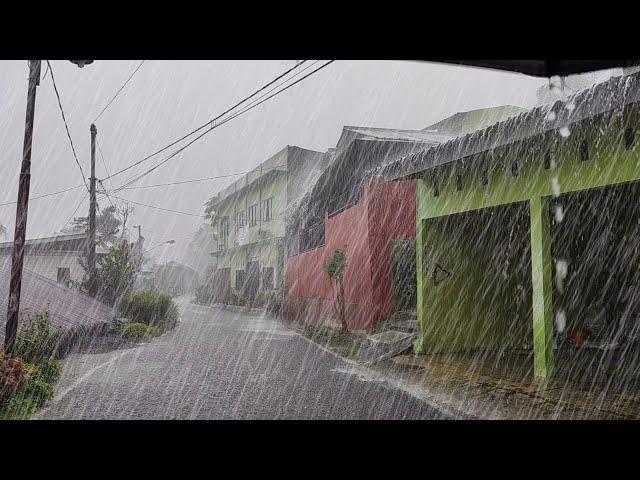 Walking in super heavy rain hitting rural Indonesia 3 hours, heavy rain and thunderstorms, to sleep