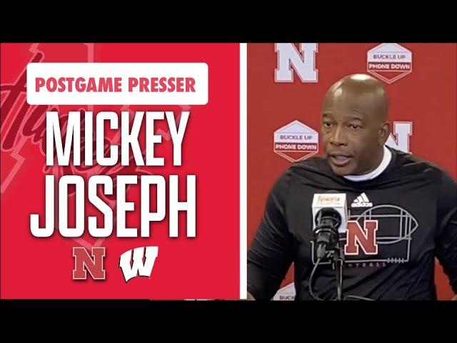 Nebraska head coach Mickey Joseph talks after the Huskers 15-14 loss to Wisconsin