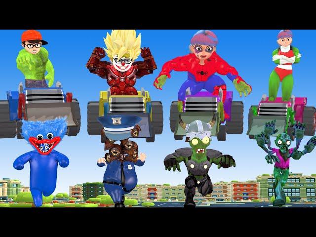 Avengers Tractor Vs Strongest Bigger : Police Siren , zombiehulk , Wuggy Rainbow - Scary teacher 3D