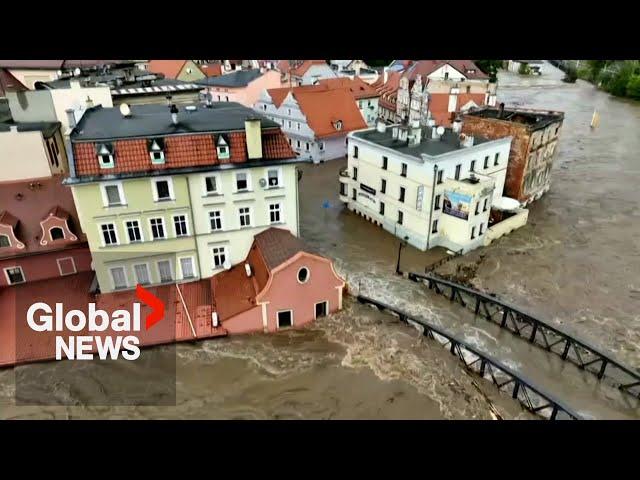 Central Europe floods: Drone video shows Polish city under water after dam ruptures