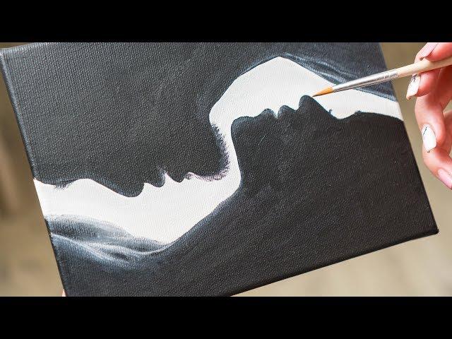 Silhouette of a Romantic couple in the Dark - Acrylic painting / Homemade Illustration (4k)