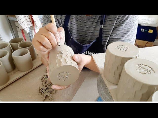 How I carved my handmade tumblers. #bluebirdpotteryjps #homestudio #pottery #ceramics #handmade