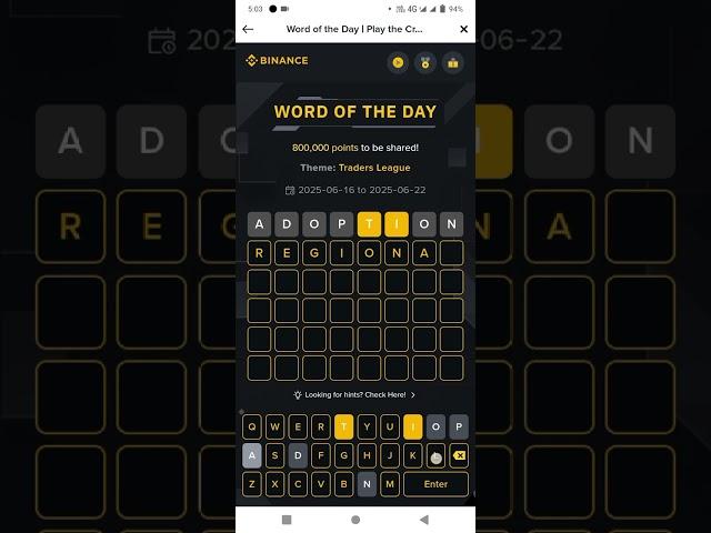 Binance Crypto WODL Answer Today | Word Of The Day | Traders League Theme