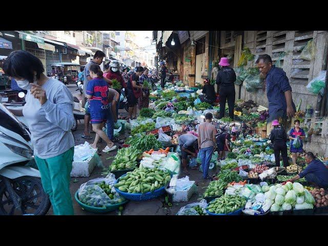 Morning Fish Market Scene @Chbar Ampov - Daily Lifestyle of Vendors Selling Food In Market