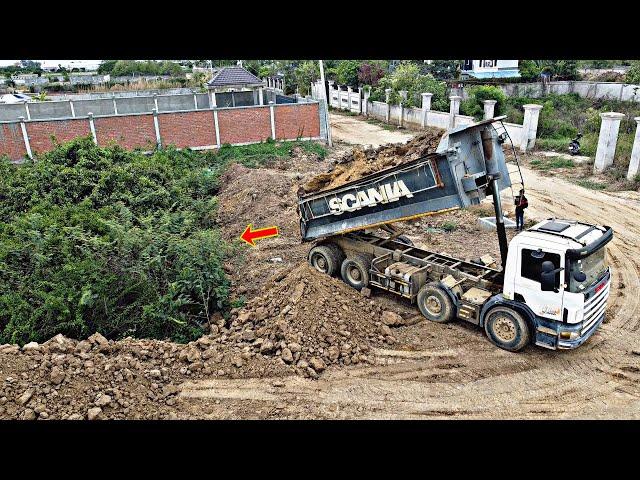 Powerful KOMATSU D58E Bulldozer Clearing Forest and Push Soil to fill land with 25ton Dump Trucks