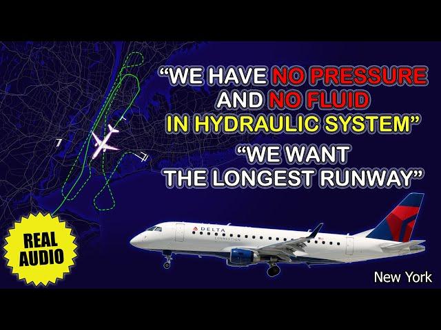 Hydraulic system failure. Republic Embraer 175 diverts to Kennedy Airport. Real ATC