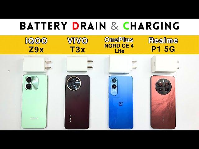 (5G) BATTERY Drain and CHARGE iQOO Z9x vs VIVO T3x vs Realme P1 vs OnePlus Nord CE 4 Lite | UPDATED