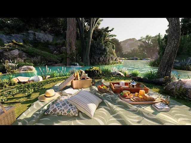 Summer Day Ambience  Relaxing Lakeside Picnic On A Beautiful Sunny Day With Calming Nature Sounds.