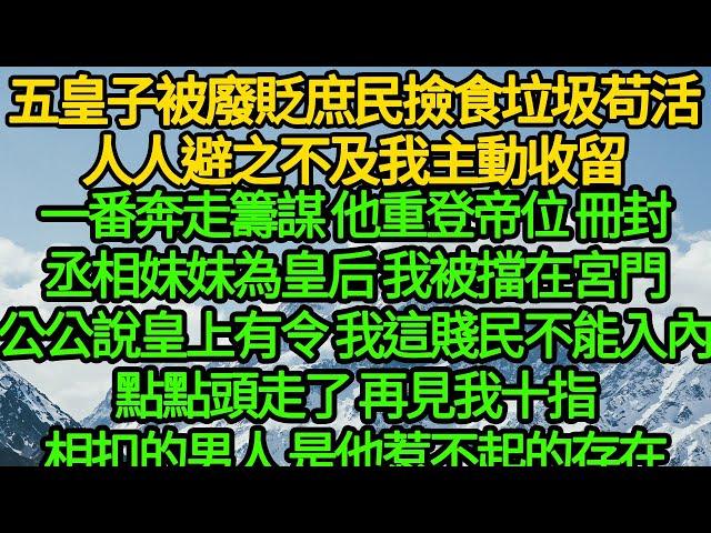 五皇子被廢貶庶民撿食垃圾苟活，人人避之不及我主動收留，一番奔走籌謀 他重登帝位，冊封丞相妹妹為皇后 我被擋在宮門，公公說皇上有令 我這賤民不能入內，我點點頭走了 再見我十指相扣的男人是他惹不起的存在