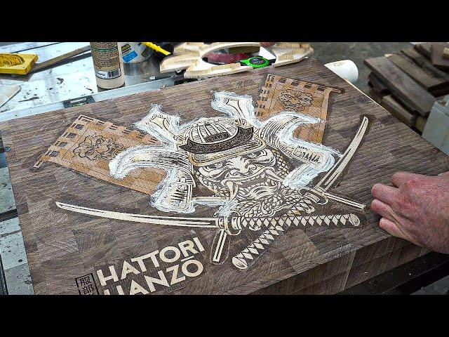 Hattori Hanzo cutting board #3 / butcher block. Cnc inlay cutting board. Wood inlay 4k video.