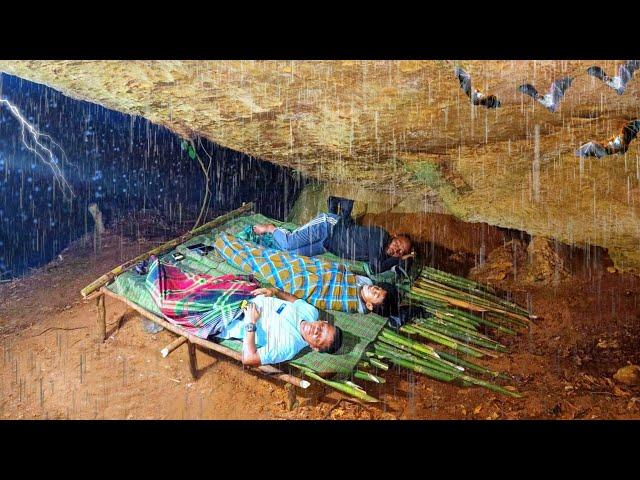 drenched in heavy rain spent the night under a large rock on the river bank, fhishig