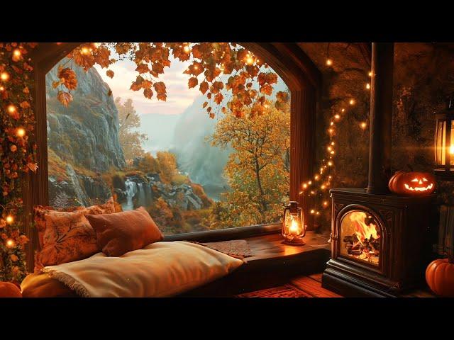 Cozy Autumn Cabin Ambience with Crackling Fire Sounds, and Pumpkin Glow | Relaxing Fall Escape