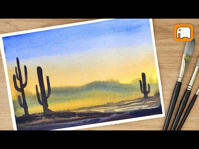 5 minute Watercolor painting for beginners Saguaro Cactus Desert Landscape/ Watercolour tutorial