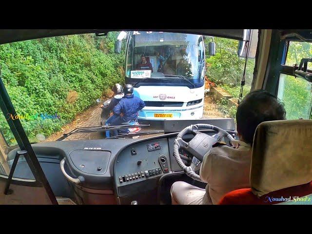 Volvo Buses Got stucked in Hairpin bend Ghat road Driver's struggling hard to move VOLVO B9R's out